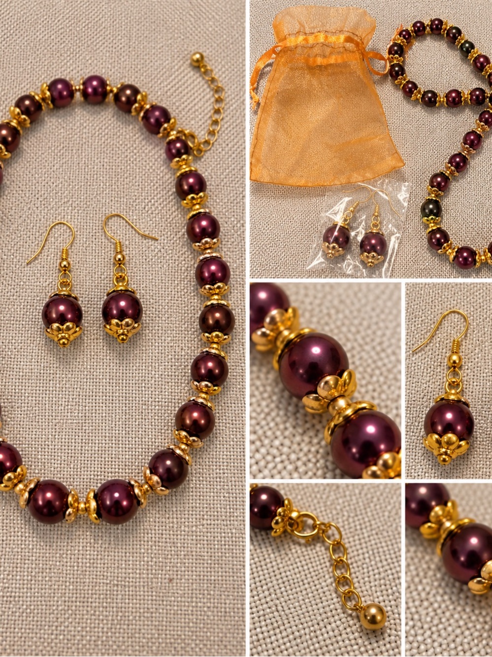 Classic Purple Pearl Necklace & Earring Set - Gold Accents